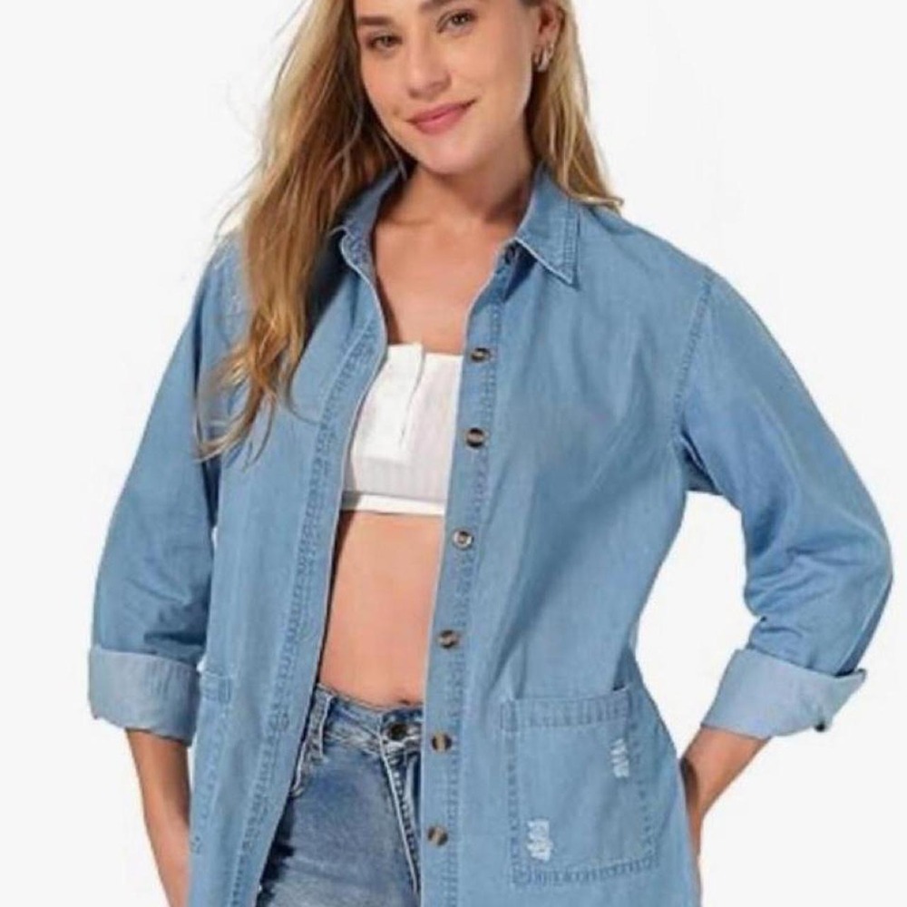 Roswear Distressed Jean Shirt for Women Button Down Shirt Denim Top